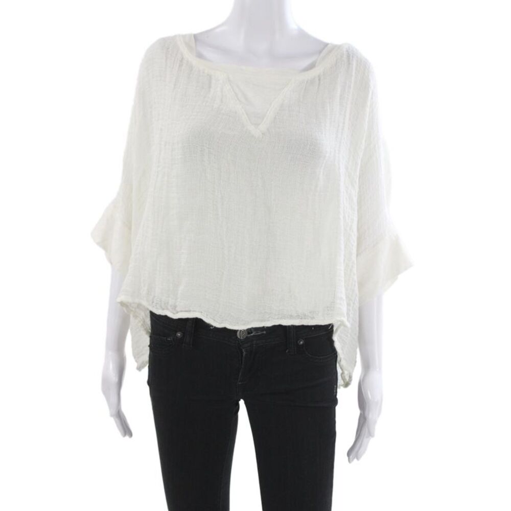 Sunday Womens Bohemian White V Neck Short Sleeve Linen Blend Blouse Size 3